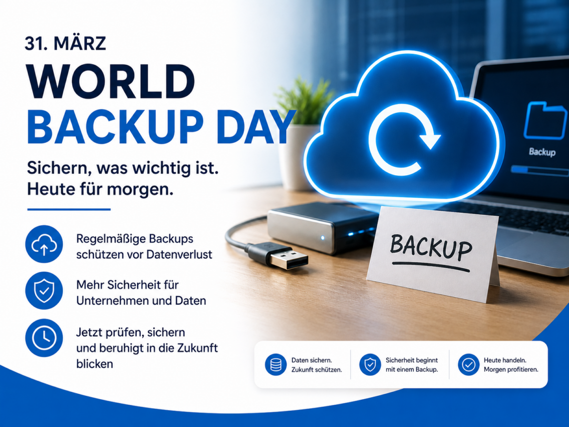 Beitragsbild zum World Backup Day mit Cloud-Backup, externer Festplatte und Laptop als Symbol für sichere Datensicherung im Unternehmen.