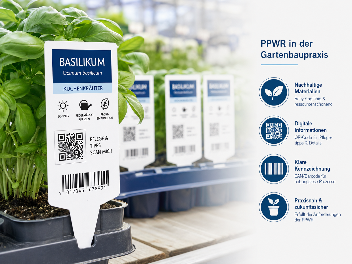 Pflanzenetiketten im Gartenbau mit QR-Code, Barcode und Piktogrammen als Beispiel für die PPWR-Kennzeichnung