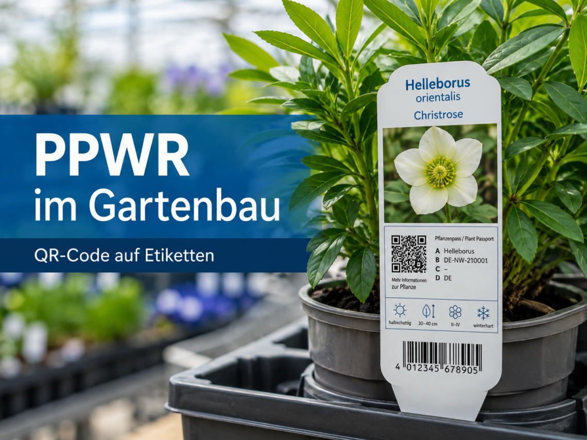 PPWR im Gartenbau mit Pflanzenetikett, QR-Code, EAN-Code und Piktogrammen